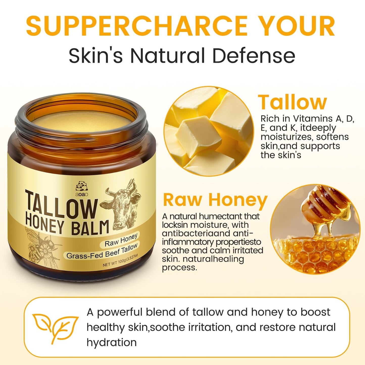 AOAO Tallow Honey Balm for Face & Body, Moisturizer with Organic Grass-Fed Beef Tallow & Raw Wild Honey, Not Diluted, Natural Hydration, Soothes & Nourishes Dry, Sensitive skin, 3.53oz