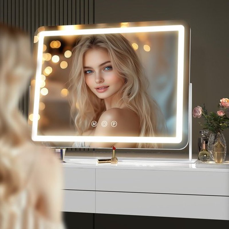 Hasipu Vanity Mirror with Lights, 15" x 13" LED Makeup Mirror, Light up Mirror with 10X Magnification, Smart Touch 3 Colors Dimmable, 360° Rotation (White)
