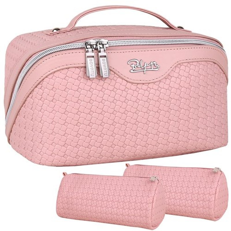 Travel Makeup Bags Cosmetic Organizer Bag: Large Capacity Make up Bag Set of 3 - Vegan Leather Woven Toiletry Bag for Women - Portable Makeup Organizer with Compartments & Handle & Divider Pink