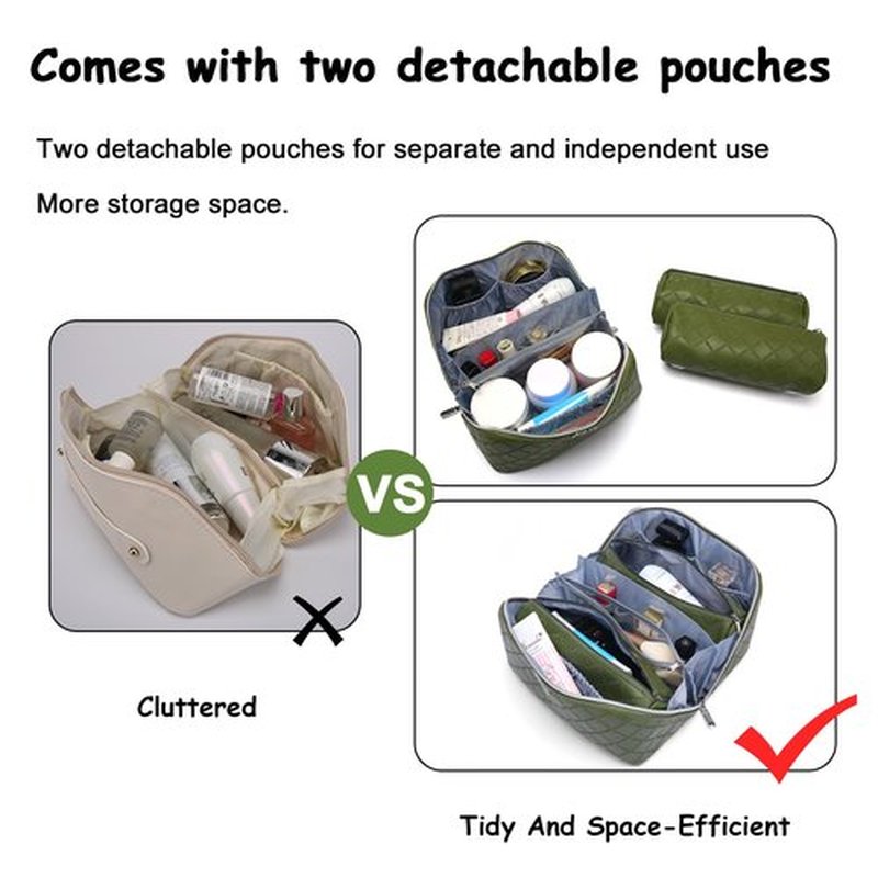 Travel Makeup Bags Cosmetic Organizer Bag: 3-Set Large Capacity Make up Bag - PU Leather Toiletry Bag for Women - Wide Open Portable Pouch with Divider & Handle (07-Green-1)