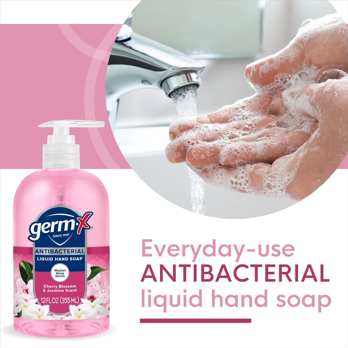 Germ-X Antibacterial Hand Soap, 12 Oz (Pack 4), Moisturizing Liquid Hand Wash for Kitchen or Bathroom, pH Balanced & Dermatologist Tested, Jasmine & Cherry Blossom Scent, Pump Bottle