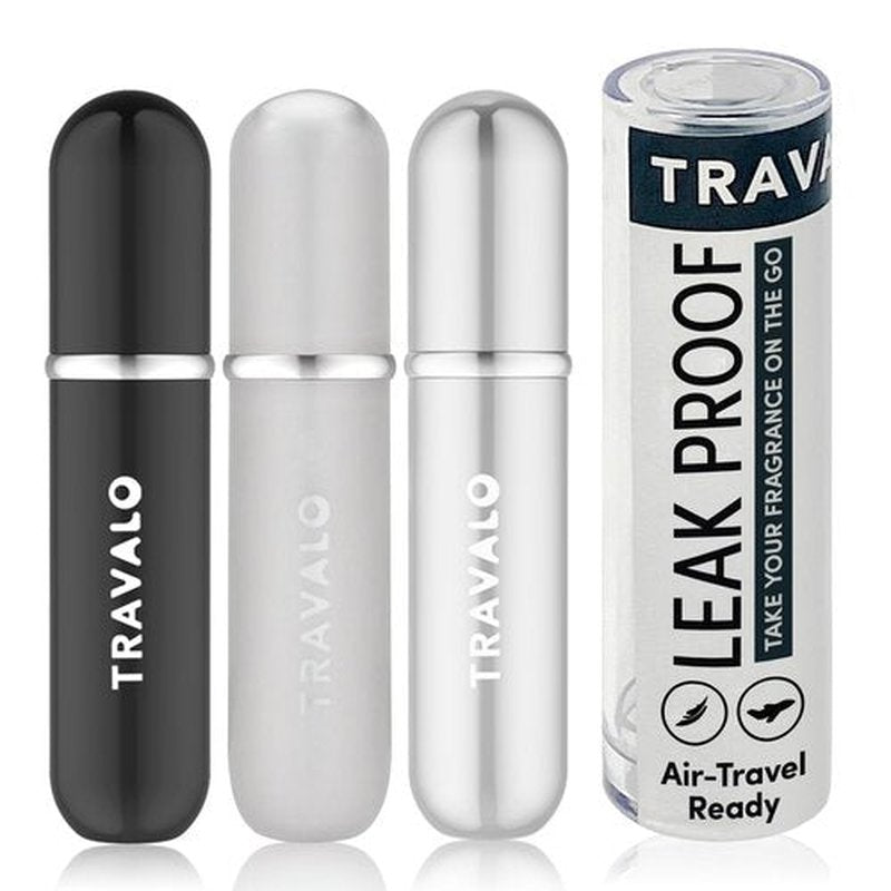 Travalo Classic HD Perfume Atomizer 3 Bundle Refillable System Travel TSA Approved | Reusable Easy-Fill Mini Pump Sprayer | Lightweight Elegant w/Volume Window | White, Titanium, Silver 3 Pack 0.17oz