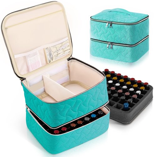 Nail Polish Organizer Case Holds 42 Bottles (15ml/0.5 fl.oz), Double-Layer Nail polish storage with Adjustable Dividers, Portable Nail Polish Bag for Nail Gel Nail Lamp and Manicure Tools, Blue