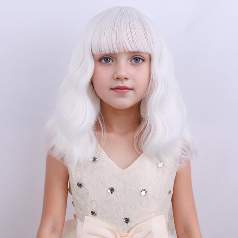 DUDUWIG White Wig for Girls Kids Short White Wig with Bangs Short White Wavy Curly Wigs Synthetic Cosplay Wig Hair Wig