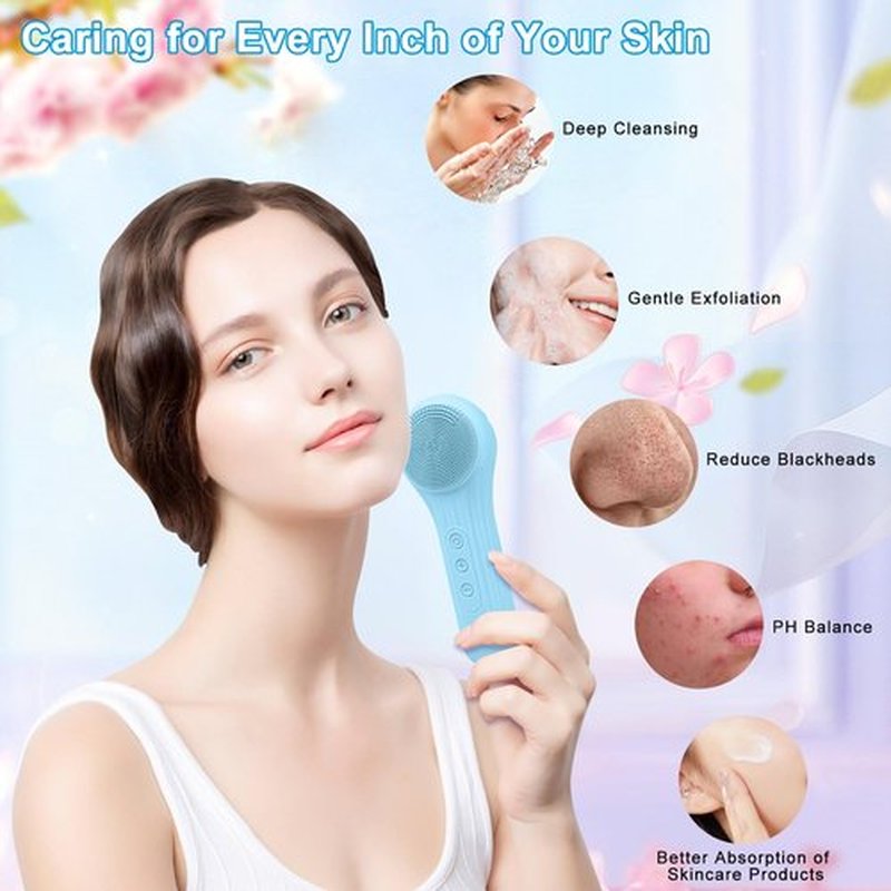 Feoflen Silicone Face Scrubber Exfoliator, Silicone Face Wash Brush for Men & Women, Ipx7 Waterproof Rechargeable Facial Cleaner for Deep Cleansing, Exfoliating, Massage Face Scrubber (Sky Blue)