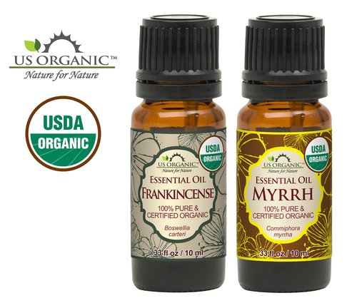 US Organic 100% Pure Myrrh, Frankincense Essential Oil Combo Pack - Directly sourced from The Horn of Africa - USDA Certified Organic - Use Topically or in Diffuser (10 ml Combo)
