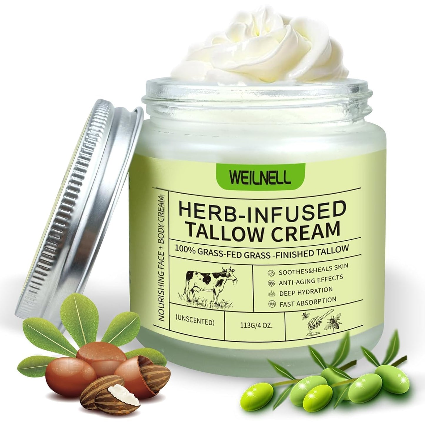 WEILNELL Beef Tallow for Skin, Tallow Face Moisturizer (4 Oz), Organic Grass Fed Beef Tallow Blam, Natural Moisturizer Hydrating Beef Tallow Cream, Deeply Moisturizing for Face & Body Skincare