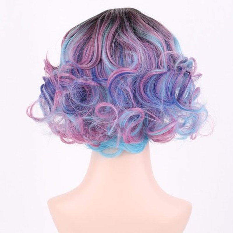 MAGQOO Rainbow Wig with Bangs Women Girls Short Curly Wavy Fluffy Wig Multicolor Blue Pink Hair Wigs Halloween Cosplay Costume Party Wig
