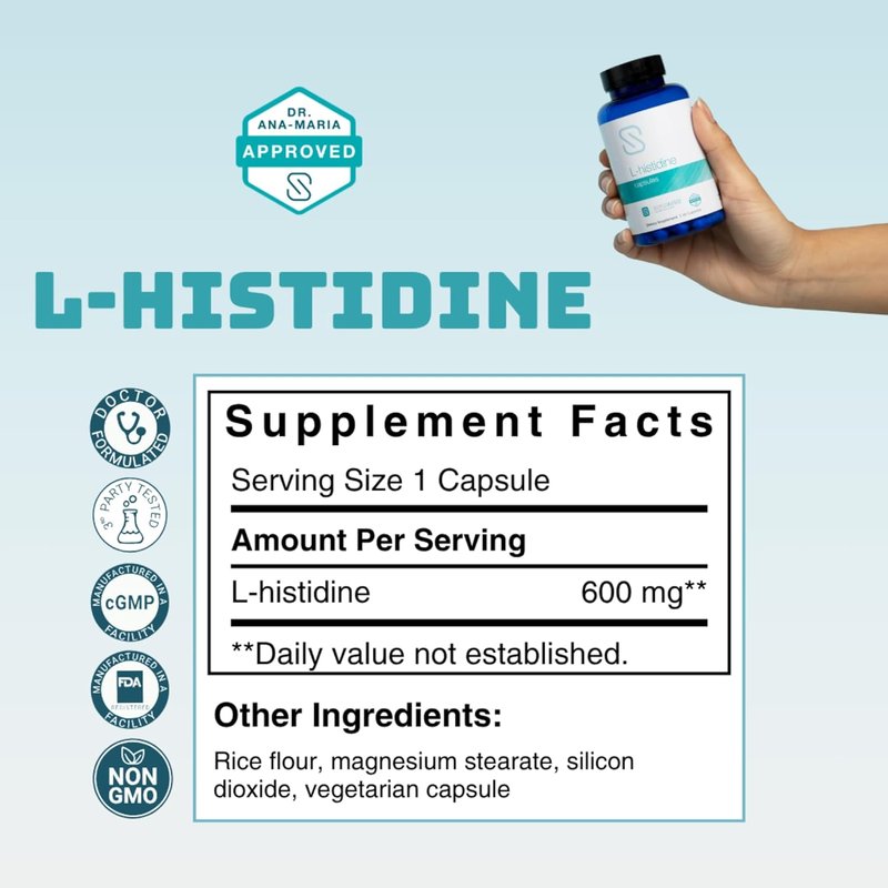 Dr. Ana Maria Temple L-Histidine 600 Mg Capsules - Amino Acid for Clear Skin | Safe for Kids | 60 Count