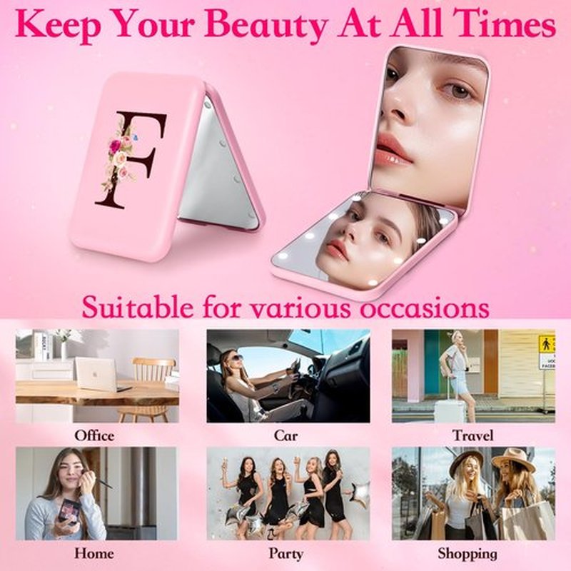 KEWWADB Travel Mirror with Lights, Initials Portable Compact Mirror, Travel Essentials, Suitable for Teen Girls, Young Women Gifts Ideas, Birthdays Gifts(Pink) (F)