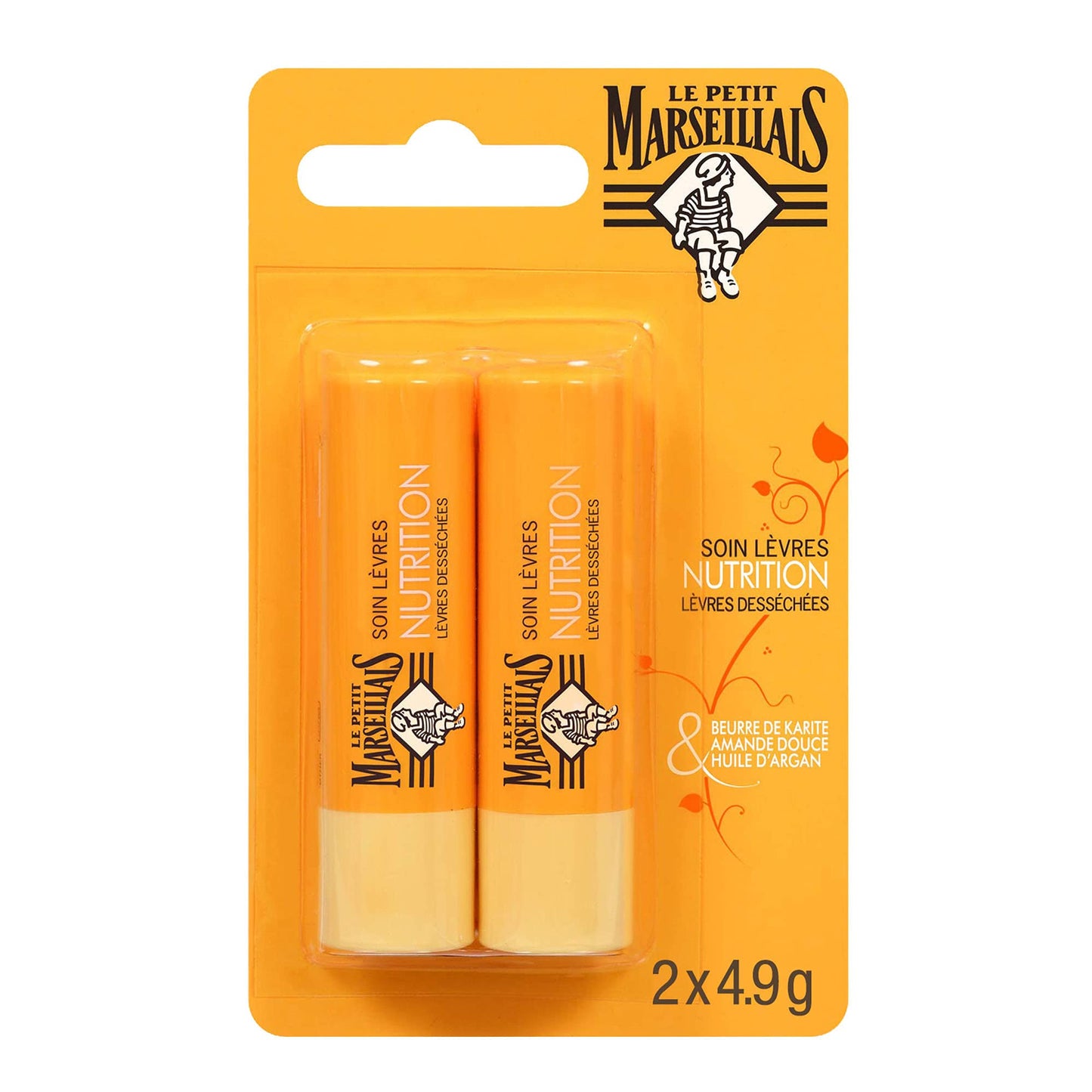 Le Petit Marseillais | Soin Lèvres Nutrition Lèvres Desséchées (2 tubes de 4,9 g) – Baume à lèvres au beurre de karité, amande douce et huile d'argan – Stick à lèvres nourrissant
