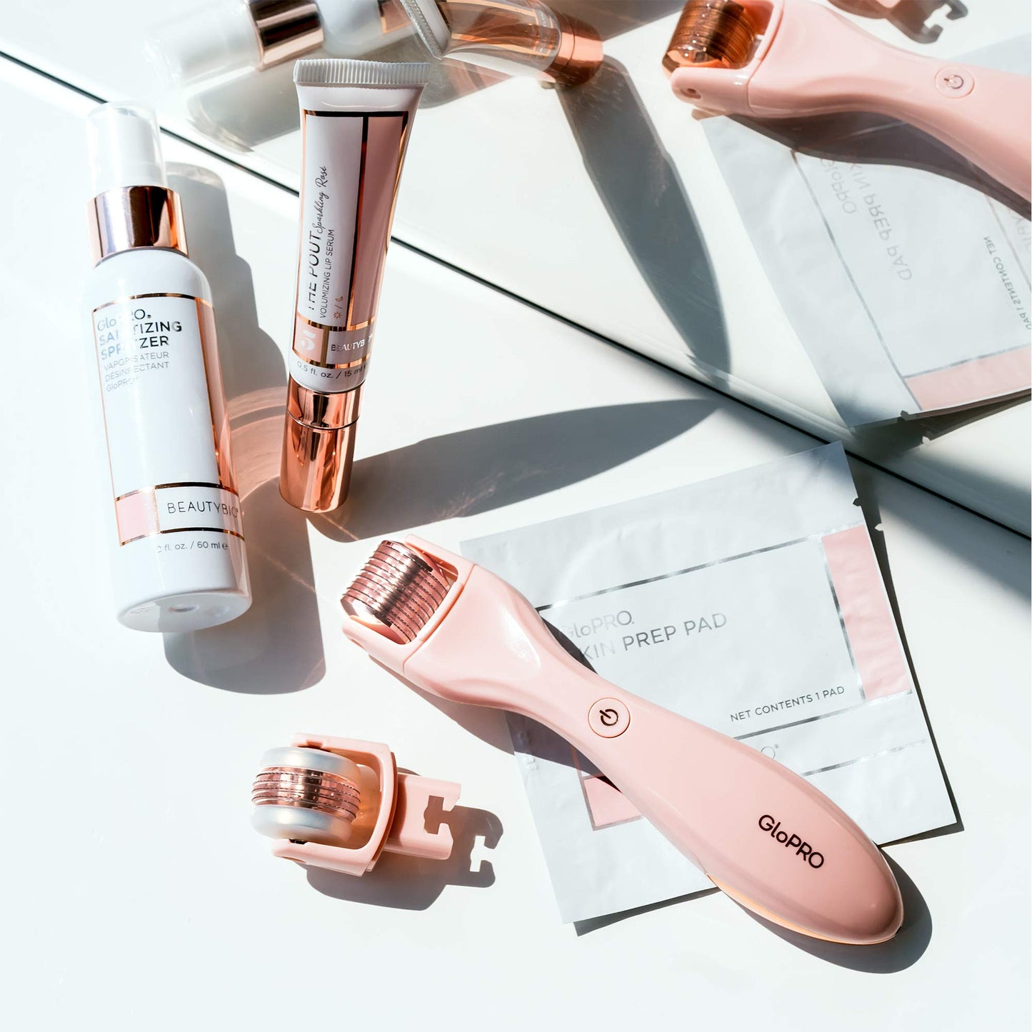 GloPRO BeautyBio Tool: Blush Crush Set. Face and Lip Microneedling Rejuvenation Tool plus The Pout Volumizing Lip Serum
