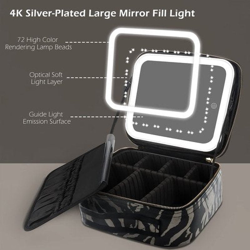 MOMIRA Travel Makeup Bag With LED Mirror,Train Case with Light up Mirror, Portable Makeup Artist Organizer Bag with Adjustable Dividers, Makeup Brush Holder Storage（Zebra Beige）