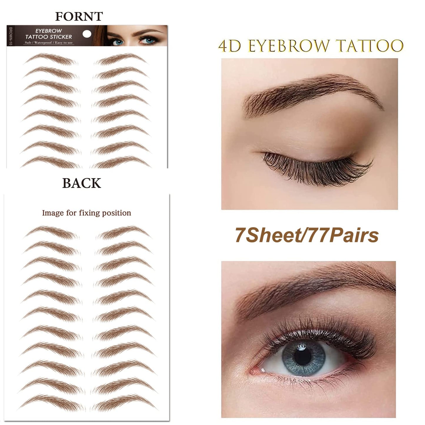 77Pairs 4D Hair-Like Eyebrow Tattoo Stickers Waterproof Natural Fake Eyebrow Stickers,Long Lasting Eyebrow Grooming Shaping Perfect for Women and Girls (Light Brown)