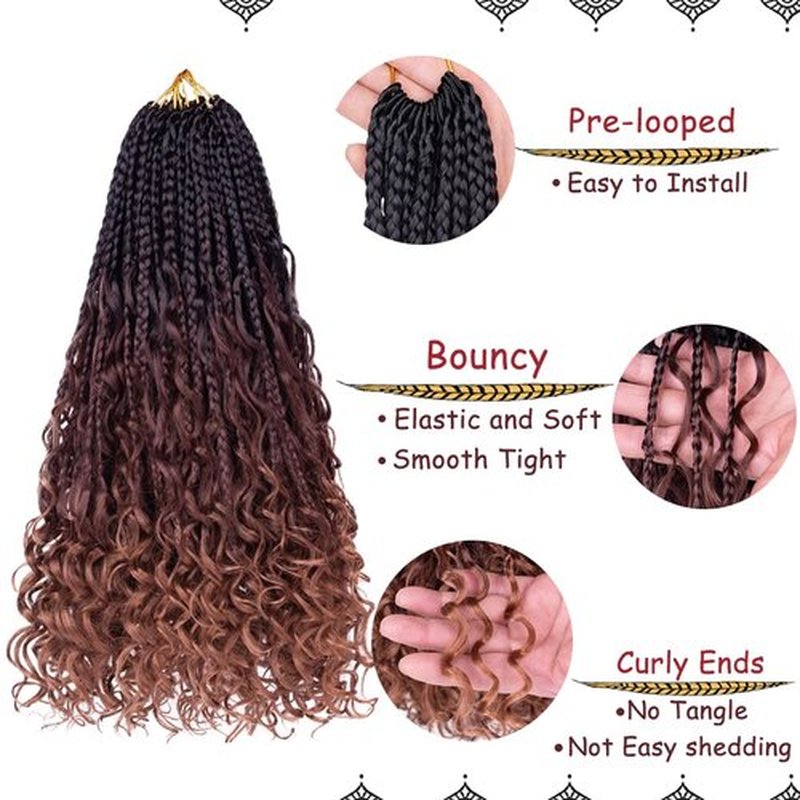 Beverlee 14 Inch Boho Box Braids 8 Packs Goddess Box Braids Crochet Hair Bohemian Hippie Braids Braiding Hair Box Braids with Curly Ends Messy Pre-looped Synthetic Crochet Hair for Women 1B/4/30#