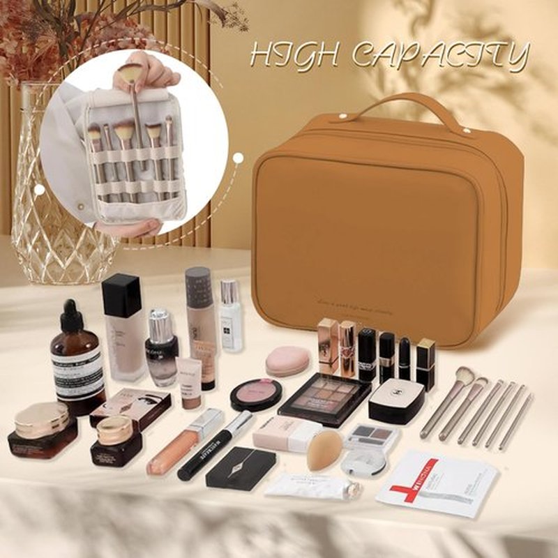 Doblopup Multi Compartment Toiletry Cosmetic Bag, PU Large makeup bag with compartments, Set Patient Multi Compartment Toiletry Cosmetic Bag For Women Girls Travel makeup bag with compartments (brown)