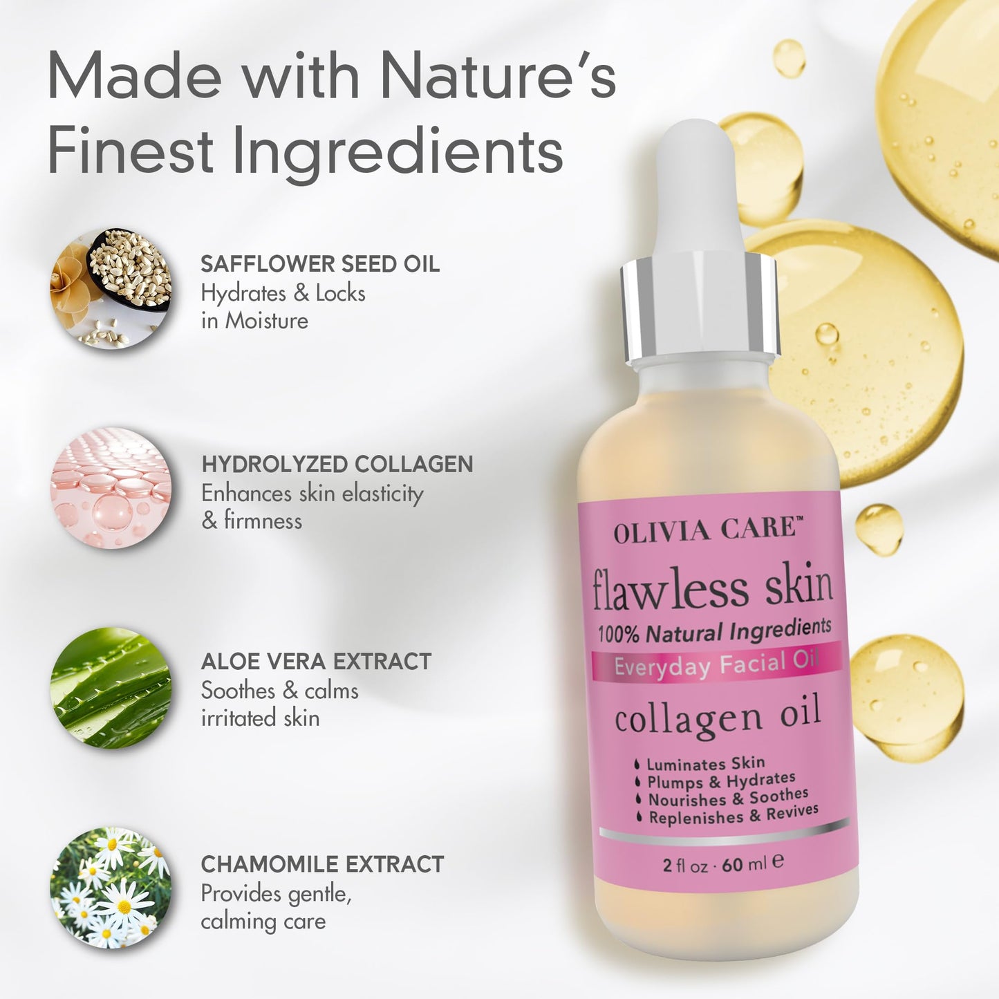 Olivia Care Flawless Essential Facial Oil 100% Natural. Nourishing, Plump, Reviving, Hydrating, Calming & Soothing. Stabilize & Retain Moisture