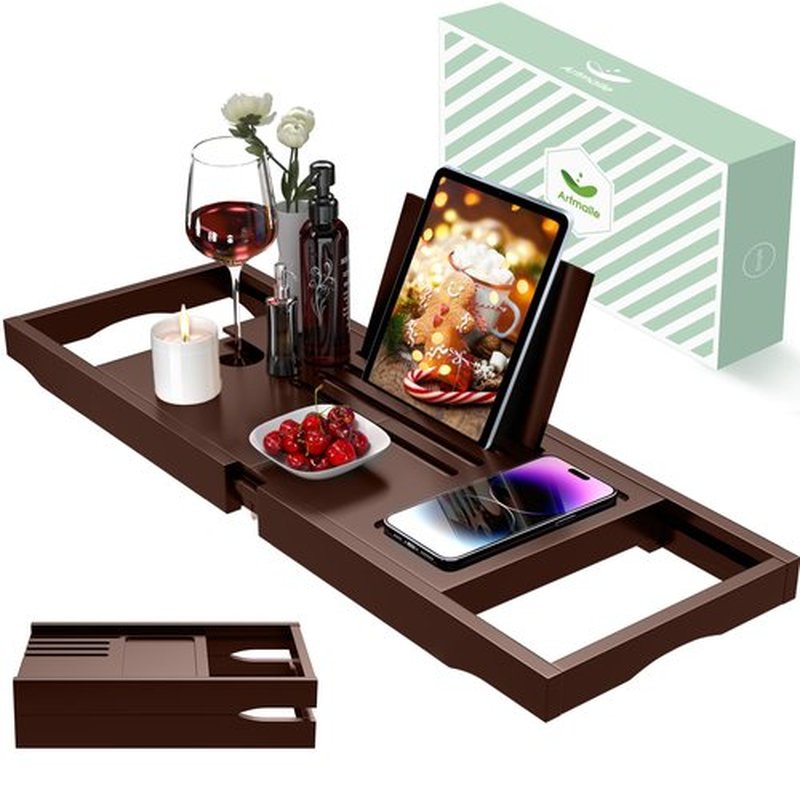 Artmalle Bathtub Tray for Tub, Expandable Bamboo Bath Caddy Tray with Book Stand for Home Spa Relaxing, Foldable Minimalist Bathroom Accessories for Women Men (Simple, Brown)