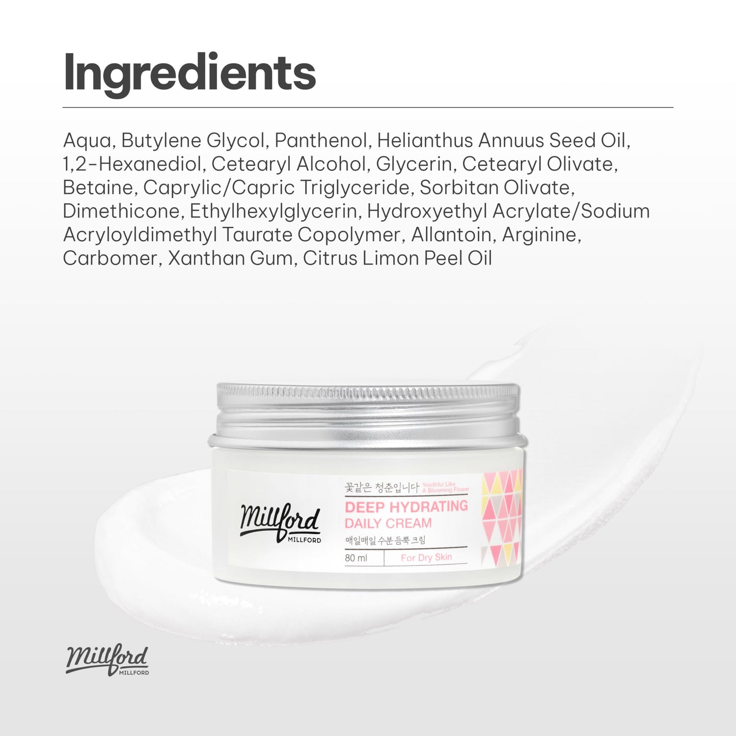 Millford Deep Hydrating Daily Cream 80ml/2.7 fl.oz - Moisturizing Face Cream with Panthenol 10%, Hyaluronic Acid for Dry Skin, Soothing Barrier Care & Long-Lasting Moisture, Korean Skincare
