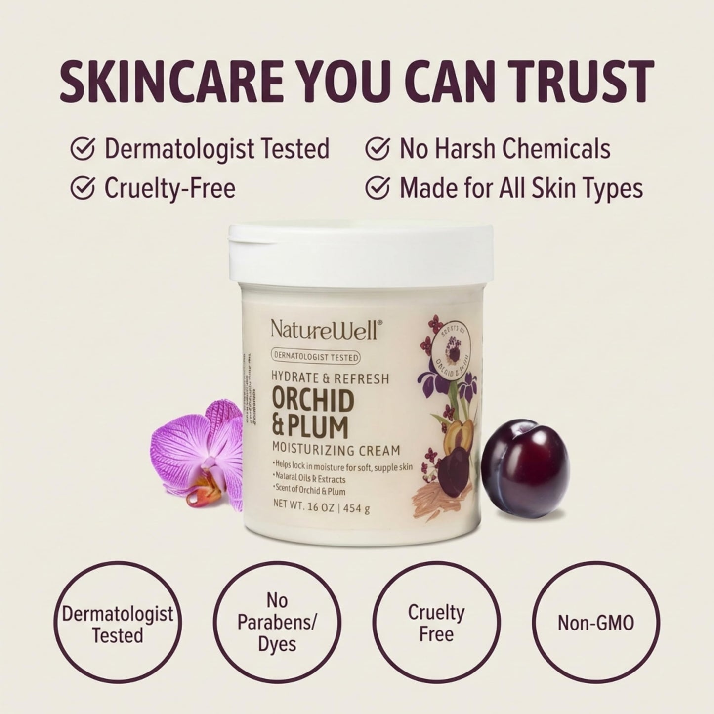 NATURE WELL Orchid & Plum Body Cream, Moisturizing Cream for Dry & Sensitive Skin, Hydrating Body Moisturizer with Natural Oils & Extracts, Orchid & Plum Fragrance, Dermatologist Tested, 16 Oz