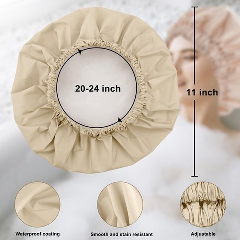 Reusable Shower Cap for Women, Large Waterproof Shower Bonnet Washable Elastic Band Bath Hair Hat for Long Hair, Braids(Light Champagne)