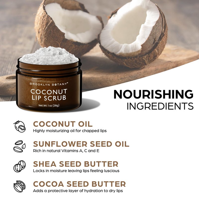 Brooklyn Botany Lip Scrub Exfoliator - Coconut Flavor | 1 oz Gentle Moisturizer for Dry, Chapped Lips