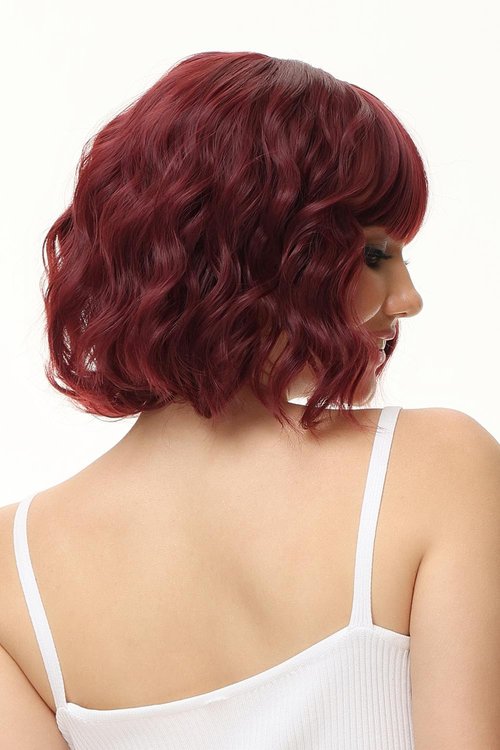 Rose bud Wavy Bob Wig with Bangs Natural Wine Red Wig Synthetic Hair Shoulder Length Short Curly Wigs for Women