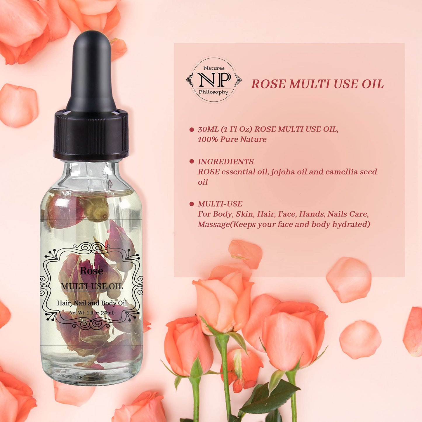 NP NATURES PHILOSOPHY Rose Multi-Use Oil, Plant Fragrant Essential Oil Rose Oil for Face, Hair, Body, Nails Care and Massage - 1 Fl Oz
