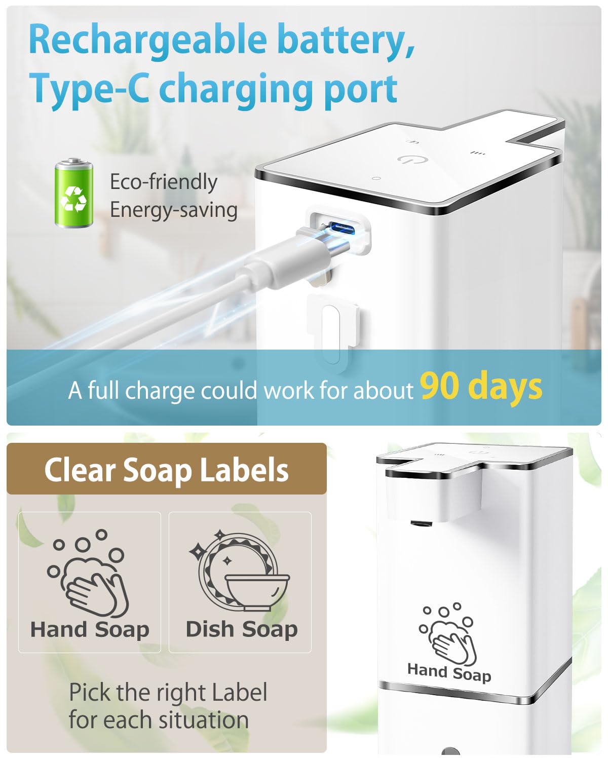 JEMISUN Automatic Foaming Soap Dispenser Touchless 380ml/12.8oz Rechargeable Hand Soap Dispenser Wall Mounted 4 Levels Adjustable Foam Soap Pump for Bathroom Kitchen Dish Soap