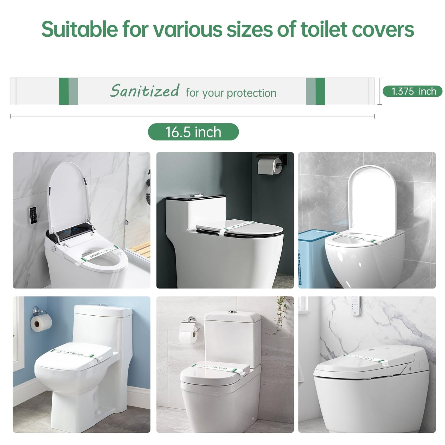 Germiwipe 500Pcs Sanitized Toilet Seat Band,Hotel Essentials, Printed Toilet Strips for Hotels Motels Hospitals (Green/White) TSB-500