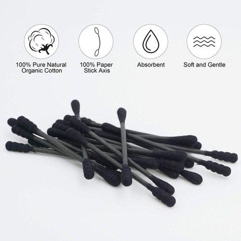 HOMEFOX Black Cotton Swabs Spiral - 600 Count Organic Cotton Buds Double Side Tightly Wrapped Charcoal Cotton Tips Paper Stick Soft Gentle Lint-Free Cruelty-Free Goth Bathroom, Round & Spiral (Black)