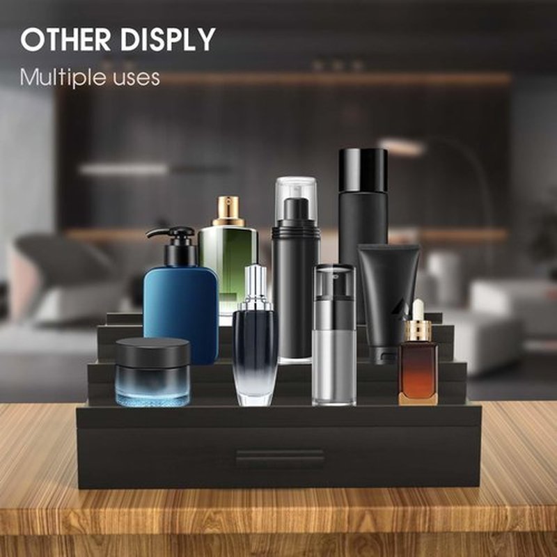 Sephyroth Wooden Cologne Organizer for Men 3 Tier of Elevated Cologne Display Shelf with Drawer Storage Perfume Organization and Storage Display Risers,Great Gift for Man(Black)