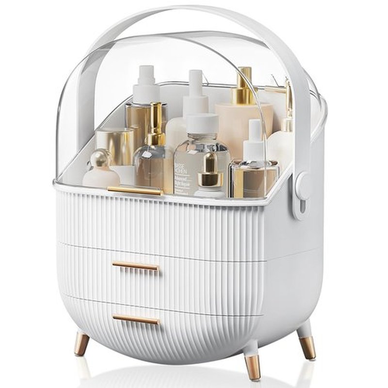 Makeup Storage Organizer with Lid, Waterproof Cosmetics Skincare Organizer for Vanity, Portable Makeup Storage Box for Countertop, Gifts, Women (White)
