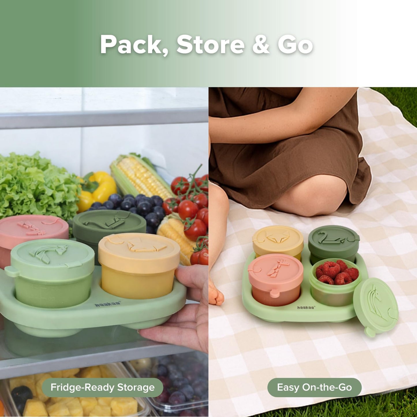 Haakaa Silicone Baby Food Containers, 4oz/120ml Baby Food Jars with Leakproof Animal Lids and Tray, Freezer-Safe Storage for Homemade Purees, Snacks & Meal Prep, 4 Pack, Spring Green Tray