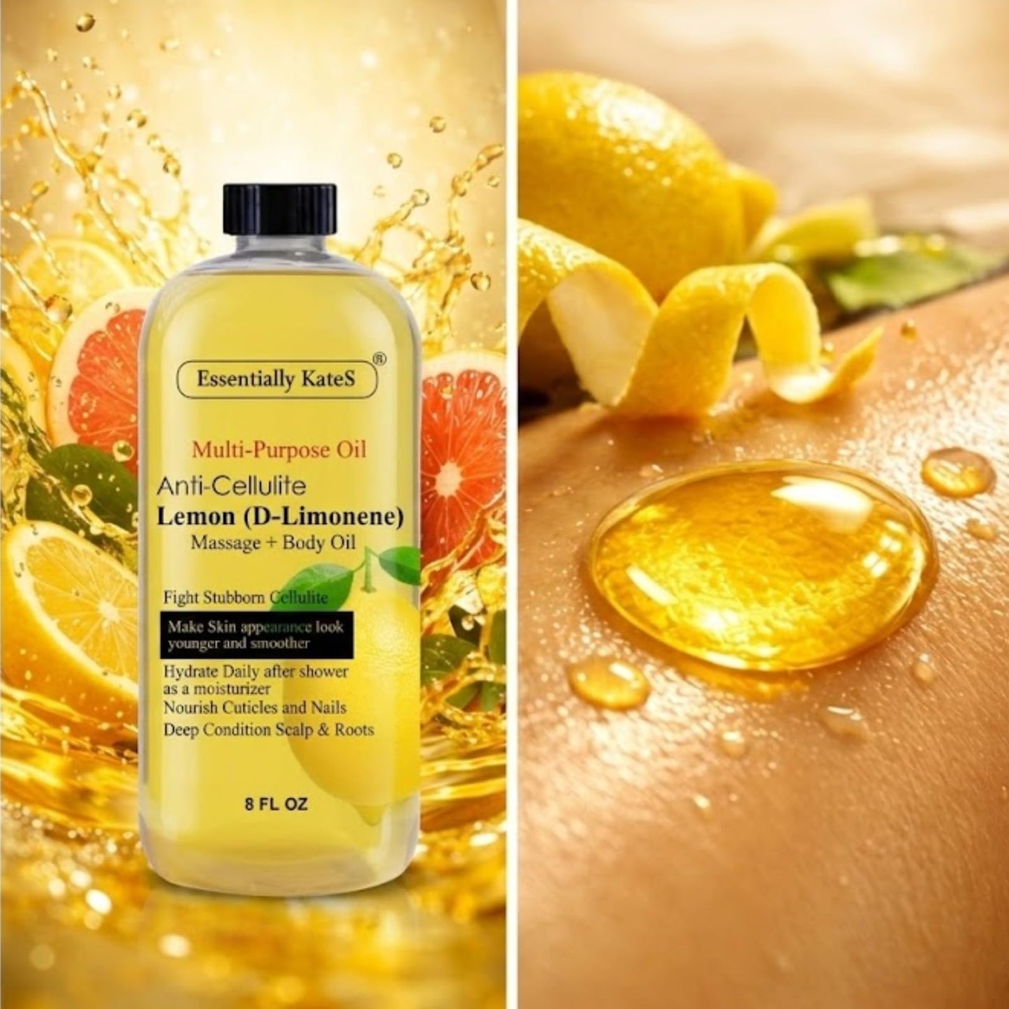 Essentially KateS Lemon (D-Limonene) Massage Lotion Body Oil Multi-Purpose Oil 8 Fl Oz - Cellulite Massage, After-Shower Moisturizer, Hair Scalp Conditioning, and Nail & Cuticles Nourishing