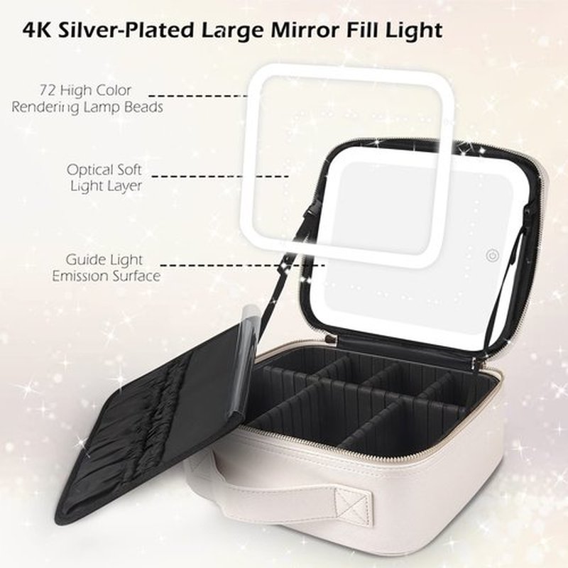 MOMIRA Makeup Bag with Mirror and Light Travel Makeup Train Case Cosmetic Bag Organizer Portable Artist Storage Bag with Adjustable Dividers Makeup Brushes Storage Organizer khaki