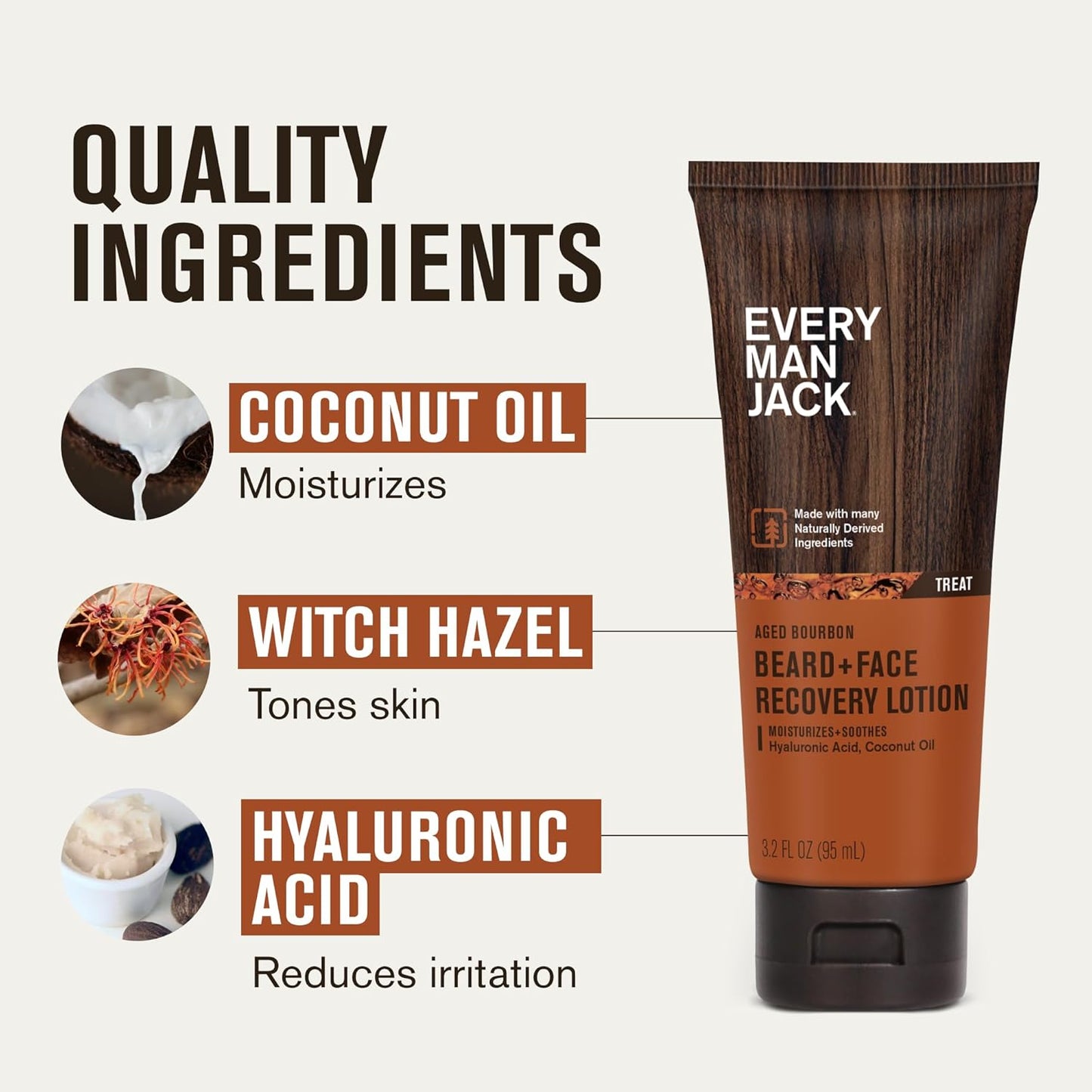 Every Man Jack Beard Lotion - Moisturizing Face & Beard Care - Light Aged Bourbon Scent - 3.2 oz (2 Pack)
