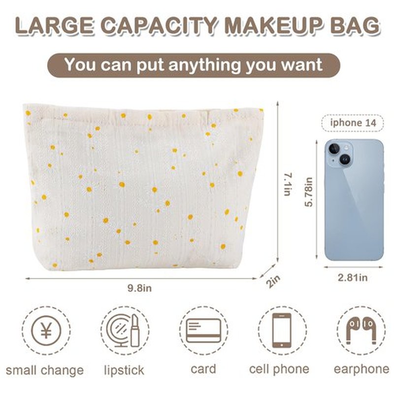 ZLFSRQ Daisy Flower Makeup Bag Travel Cute Floral Cosmetic Bags for Women Large White Makeup Pouch Zipper Cosmetic Pouch for Purse Aesthetic Makeup Organizer Bag Portable Toiletry Bag