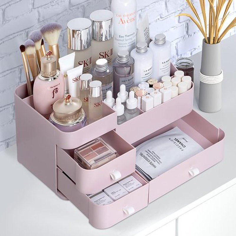 skin care organizer,Makeup Desk Organizer With Drawers,Countertop Organizer for Cosmetics,Vanity brush with Holder for Lipstick, Brushes, Eyeshadow, and Desktop Finishing Dresser (A-Large-pink)