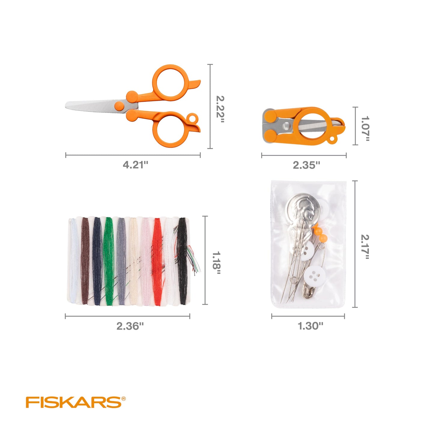 Fiskars Compact Travel Sewing Kit, TSA compliant Folding Scissors, 27-Piece Repair Set for Buttons and Hemming, Threads, Needles, 39” Measuring Tape, Small Size for Purses and Carry on, Orange