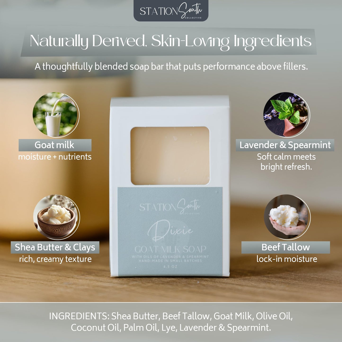 Station South Collective Dixie Goat Milk Soap Bar – Moisturizing & Gentle Body Soap for Sensitive Skin, Hydrating Cleanse with Shea Butter, Lavender & Spearmint