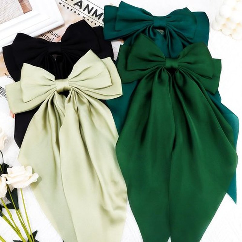 Atoden Green Hair Bows Silky Satin Bows for Hair Ribbons 4Pcs Coquette Oversized Long Tail Hair Bow Clips Barrettes Big Bowknot Hair Accessories for Women Girl Trendy Stuff Gifts (Green Black)