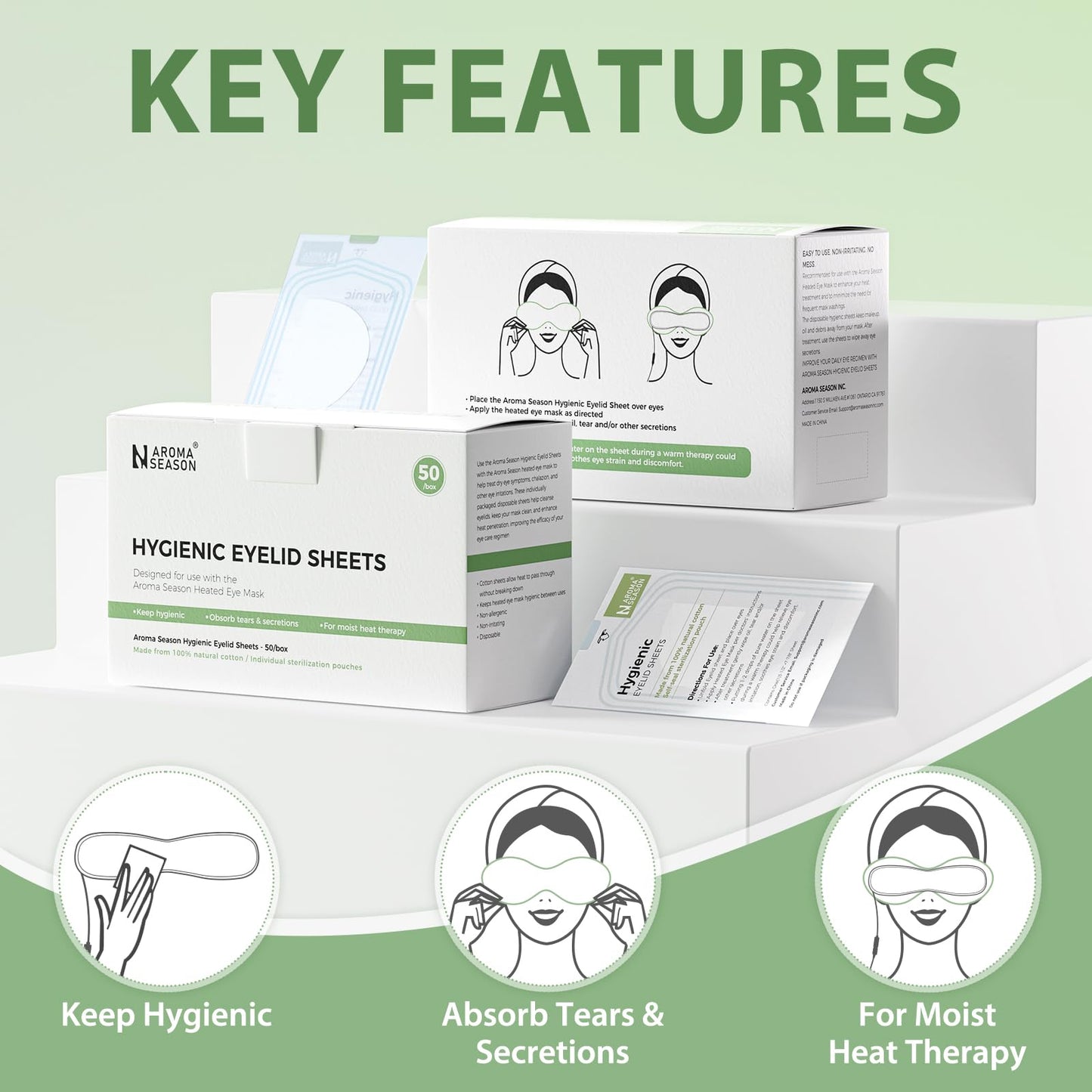 Aroma Season 100% Natural Cotton Hygienic Eyelid Sheets, Perfect for Use with Aroma Season Heated Eye Mask, Warm Eye Compress, Individually Wrapped Untreated Sheets 50 Count Box