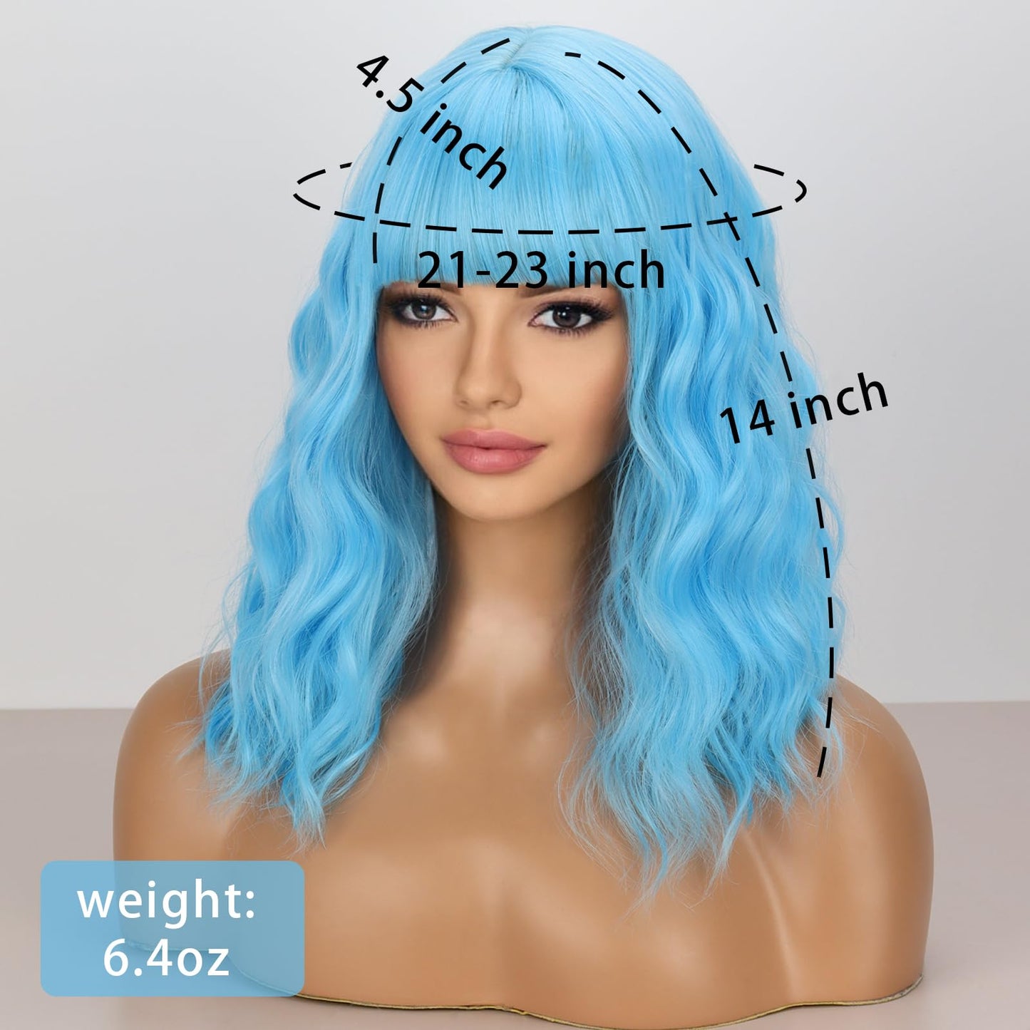 LINGHANG Short Blue Wavy Bob Wigs with Bangs for Women Loose Light Blue Wig Synthetic Shoulder Length Cosplay Wig for Girl Colorful Costume Wigs