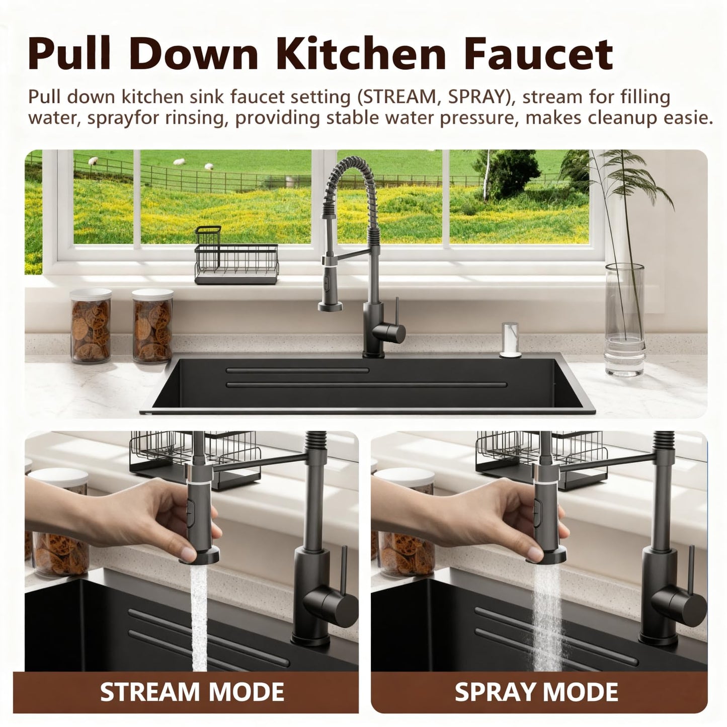 Black 32x19 Drop in Kitchen Sink with Faucet & Accessories, Stainless Steel Workstation Sink, 16 Gauge Single Bowl Top Mount, Deep Bowl Design, Modern Kitchen & Commercial Use