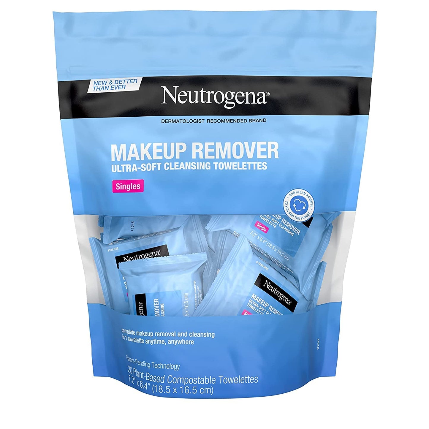Neutrogena Makeup Remover Cleansing Towelette Singles, Daily Face Wipes to Remove Dirt, Oil, Makeup & Waterproof Mascara, Individually Wrapped, 20 ct (Pack of 2)