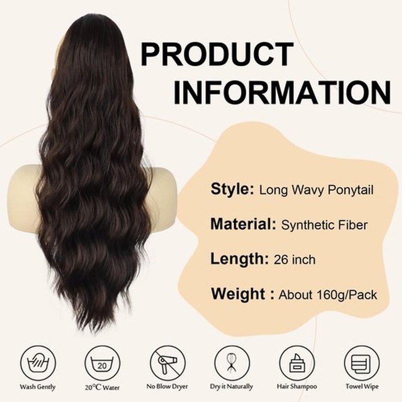FREEMEIGE Ponytail Extension, 26 Inch Long Wavy Drawstring Ponytail for Women Dark Brown Pony Tail Hair Extension Synthetic Ponytail Hairpiece for Daily Use