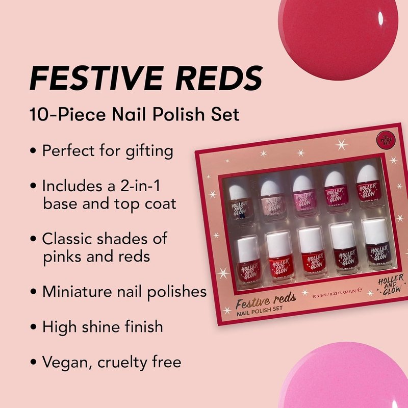 Festive Reds Mini Nail Polish Gift Set - 2-in-1 Base & Top Coat, Long Wear Quick Dry | 10 Piece Kit for Teen Girls & Women
