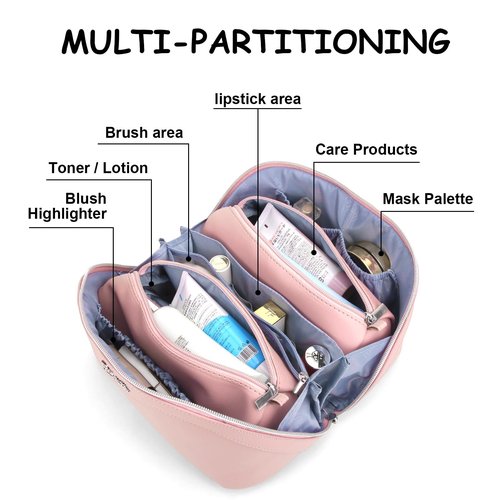 Travel Makeup Bags Cosmetic Organizer Bag: 3-Set Large Capacity Make up Bag - PU Leather Toiletry Bag for Women - Wide Open Portable Pouch with Divider & Handle (09-Jelly Pink)