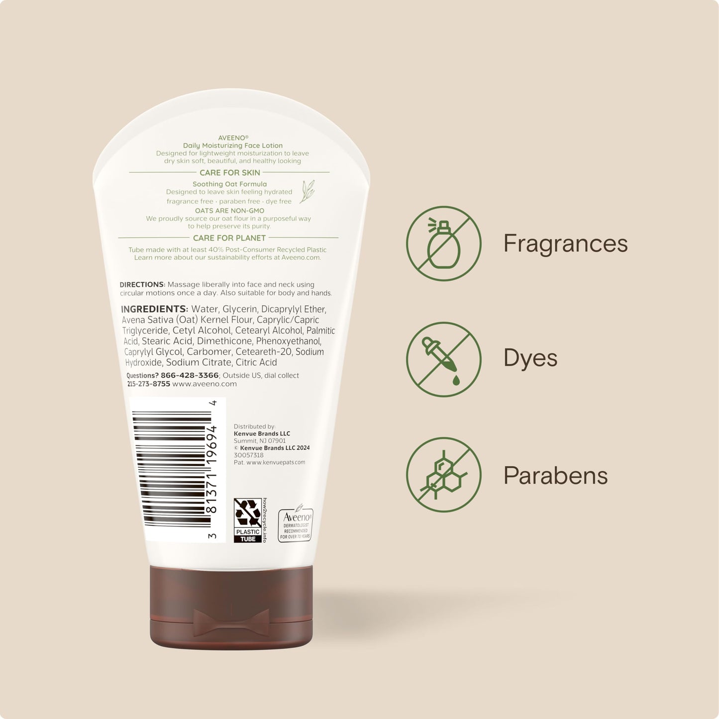 Aveeno Daily Moisturizing Face Lotion with Soothing Prebiotic Oat, Lightweight Non-Greasy Facial Moisturizer for Normal to Dry, Sensitive Skin, 24-Hour Moisture, Fragrance-Free, 5 Oz